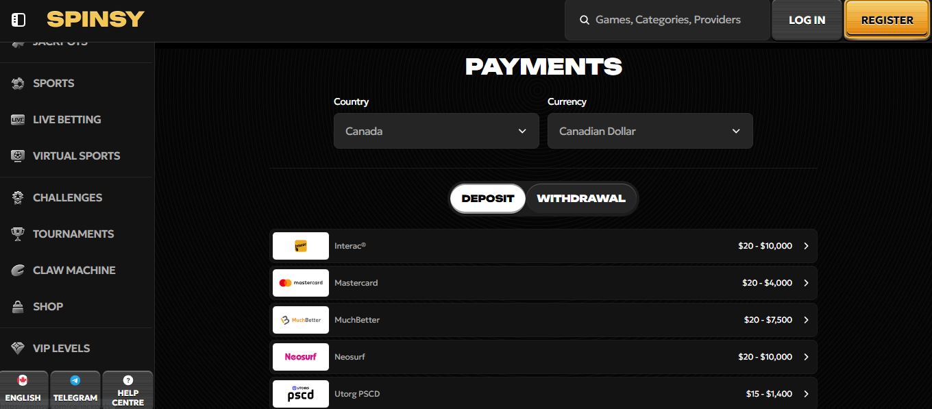Make deposits at Spinsy using various payment methods