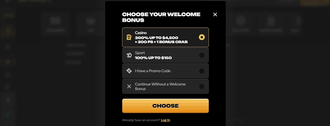 Choose welcome bonus popup.